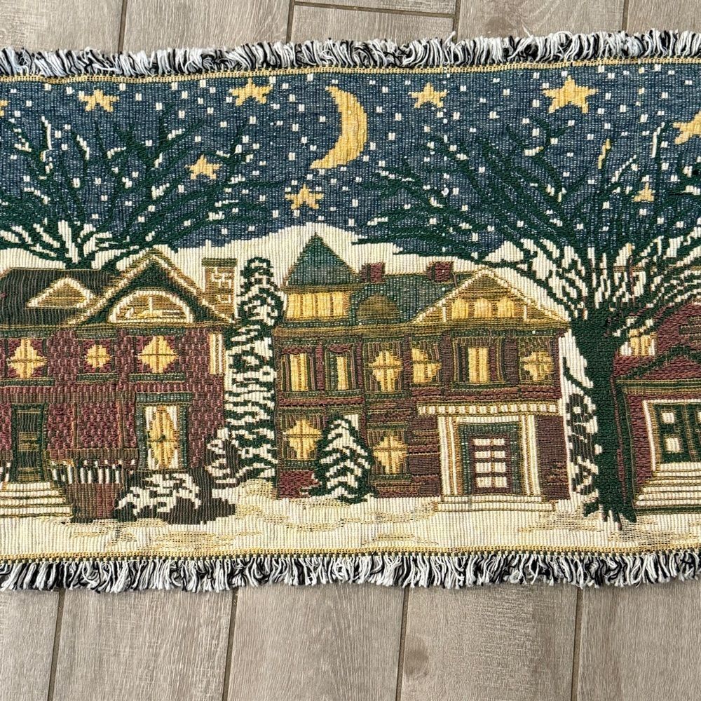 Vintage Tapestry Christmas Village Rug Table Runner 36x18 - Picture 3 of 7